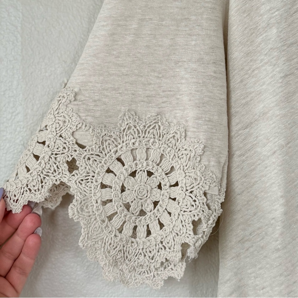 CHICO’S NWT 1 Crochet Trim Linen Shirt in River Rock Neutral Cream Blouse Top 8 - Picture 4 of 12